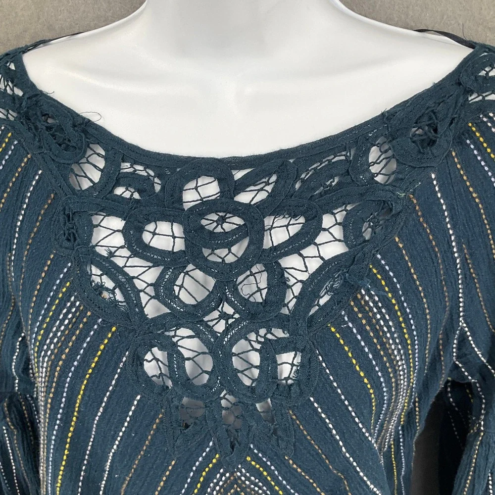Free People Crochet Trim Striped Balloon Long Sleeve Embroidered Top‎ Boho XS